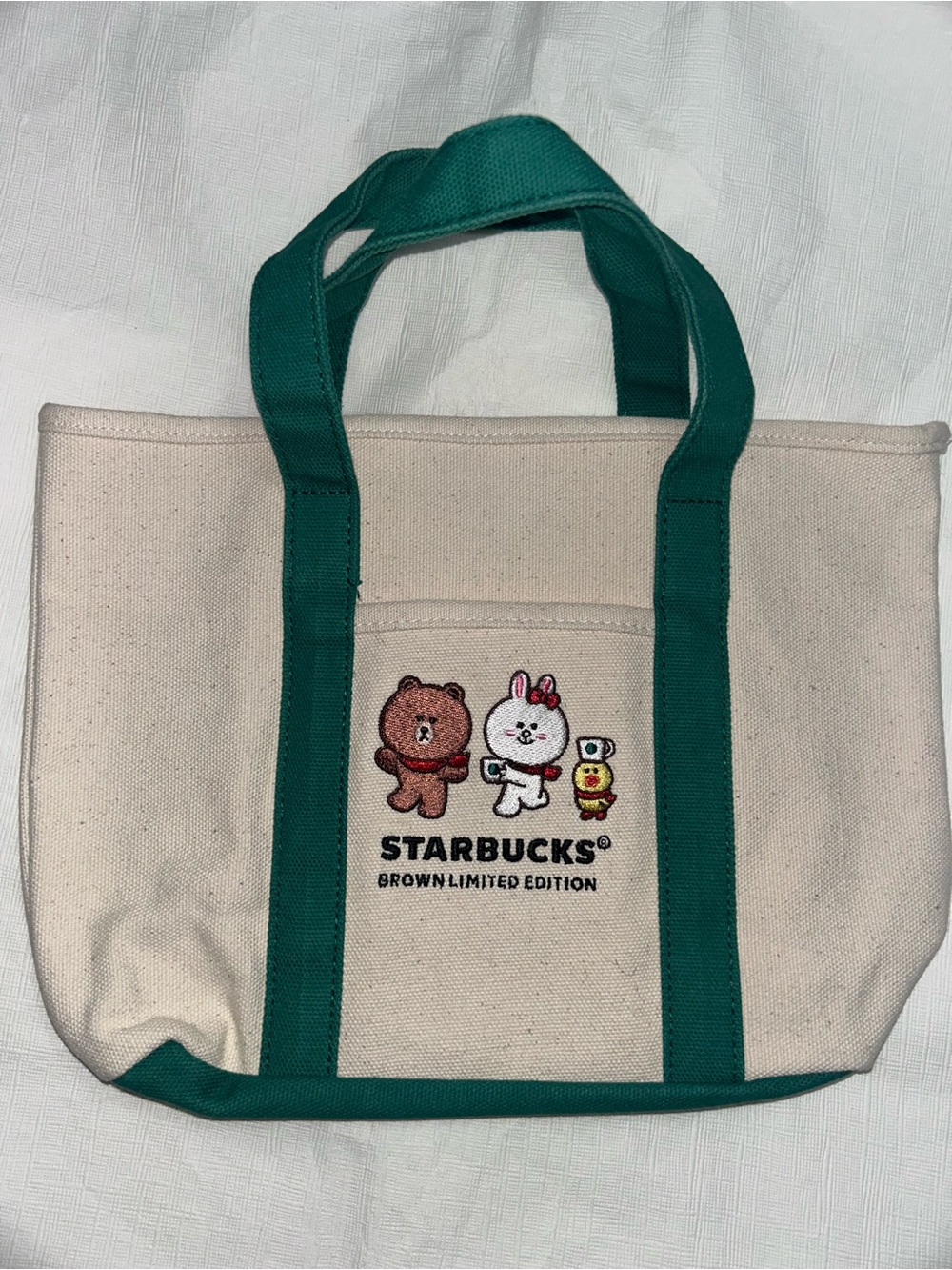 Starbucks Cream Canvas Tote with Green Handles and Trim brown bear friends Lim